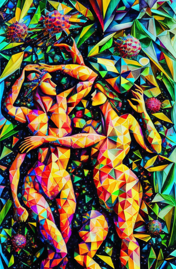 Vibrant Cubist Art: Abstract Human Figures Amid Geometric Shapes