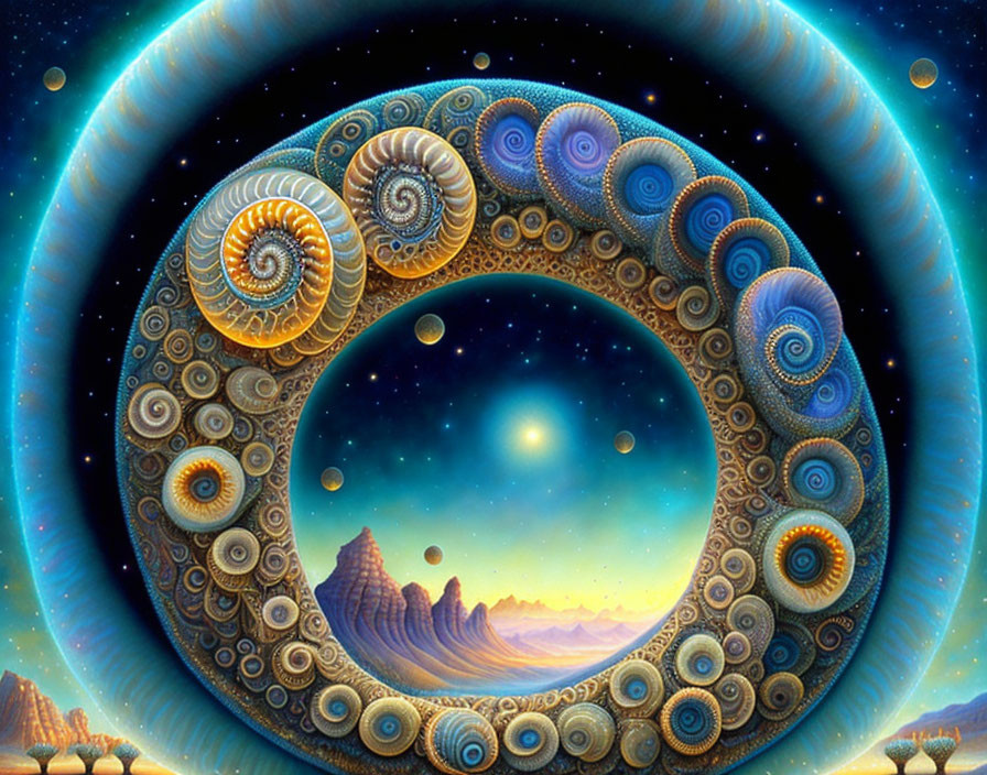 Surreal artwork: Spiraling nautilus shells in cosmic landscape