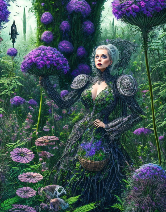 Fantastical woman with plant-like features in lush, purple-flowered forest