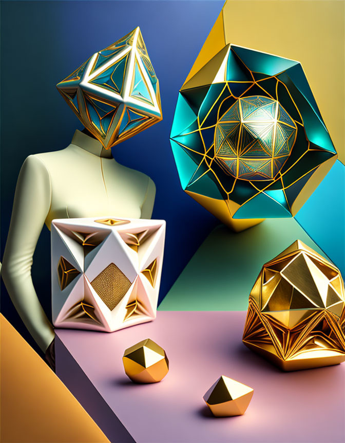 Colorful Surreal Illustration: Human Figure with Geometric Object surrounded by Polyhedra on Dual