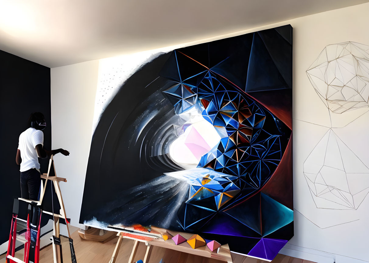 Artist painting abstract geometric mural indoors