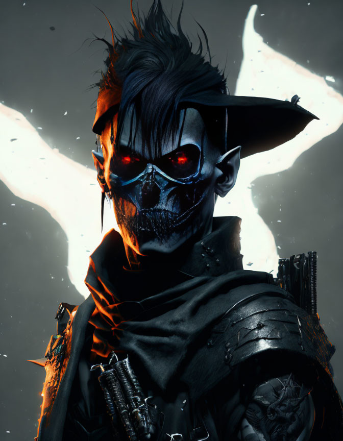 Dark character with glowing red eyes and horned mask in moody setting