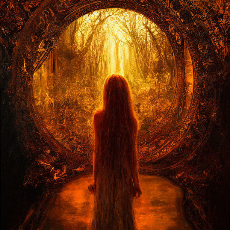 Long-haired woman at ornate circular gateway to mystical forest