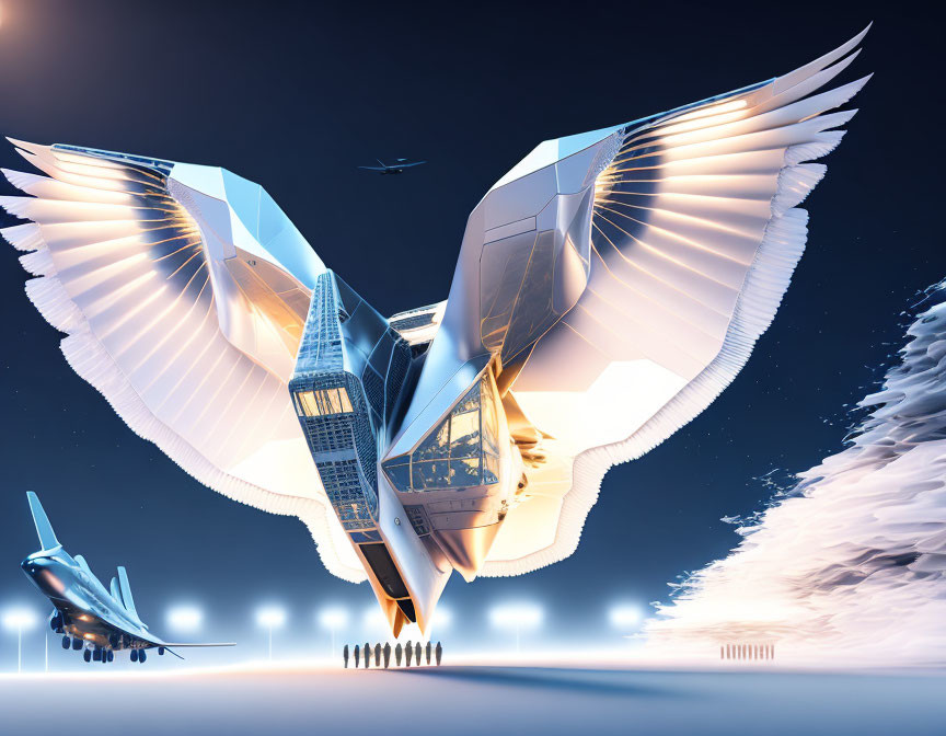 Futuristic Bird-Shaped Flying Structure with Mechanical Wings in Twilight Sky