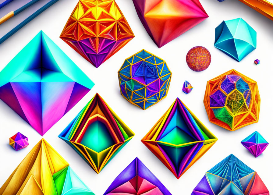 Multicolored geometric shapes and patterns on white background