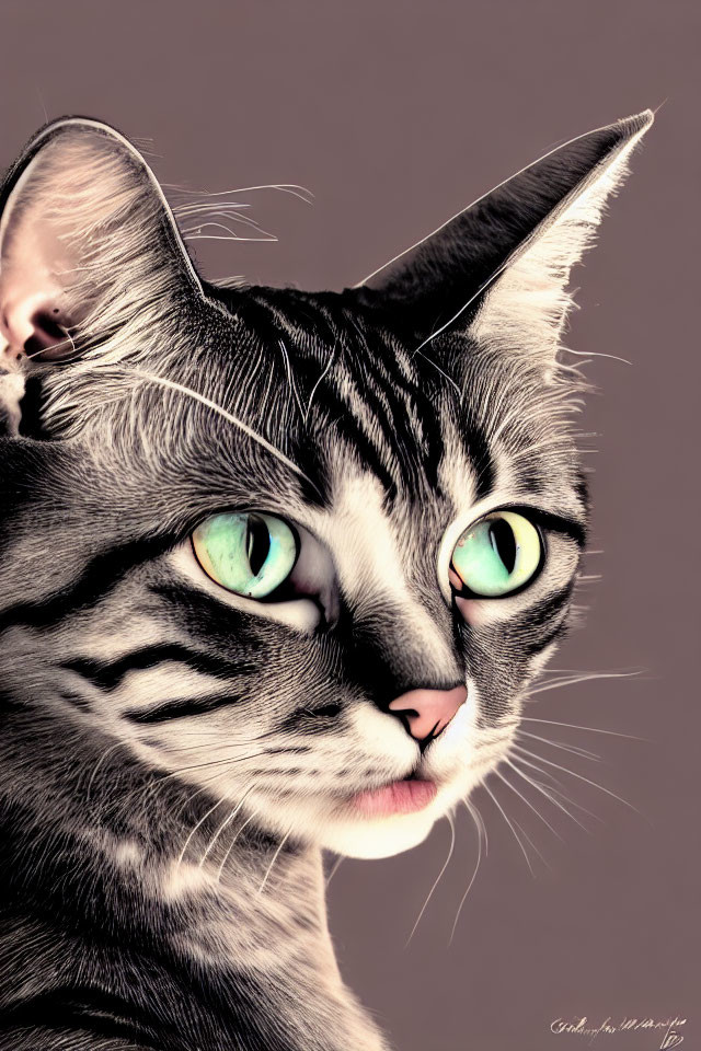 Tabby Cat Close-Up Portrait with Green Eyes and Black Stripes