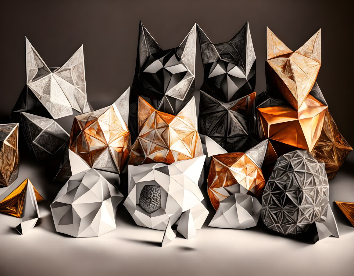 Geometric metallic sculptures on neutral backdrop