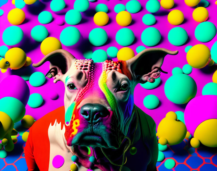 Vibrant surreal digital artwork: Dog with human-like eyes in colorful setting