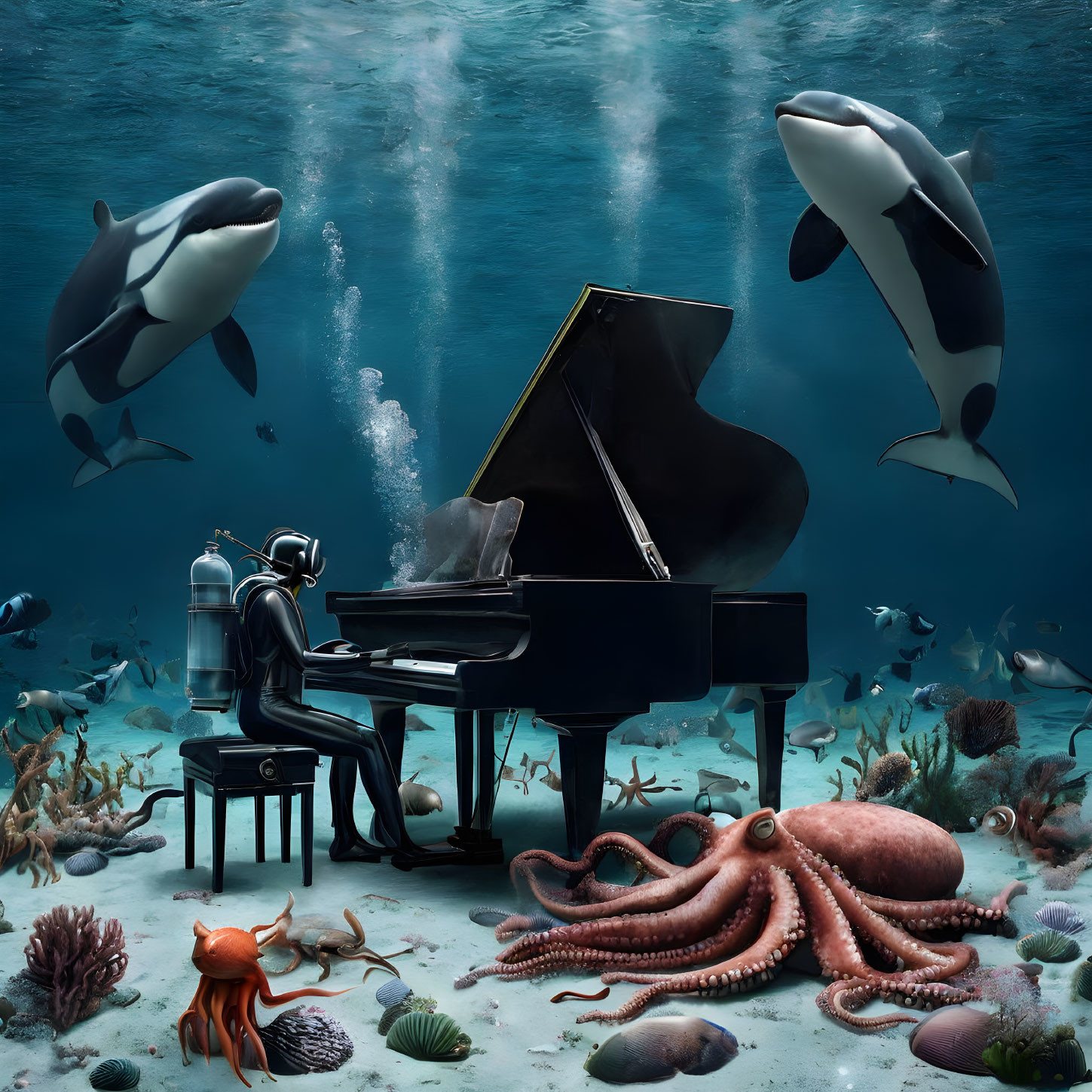 Surreal underwater scene with orcas, piano, octopus, fish & light rays