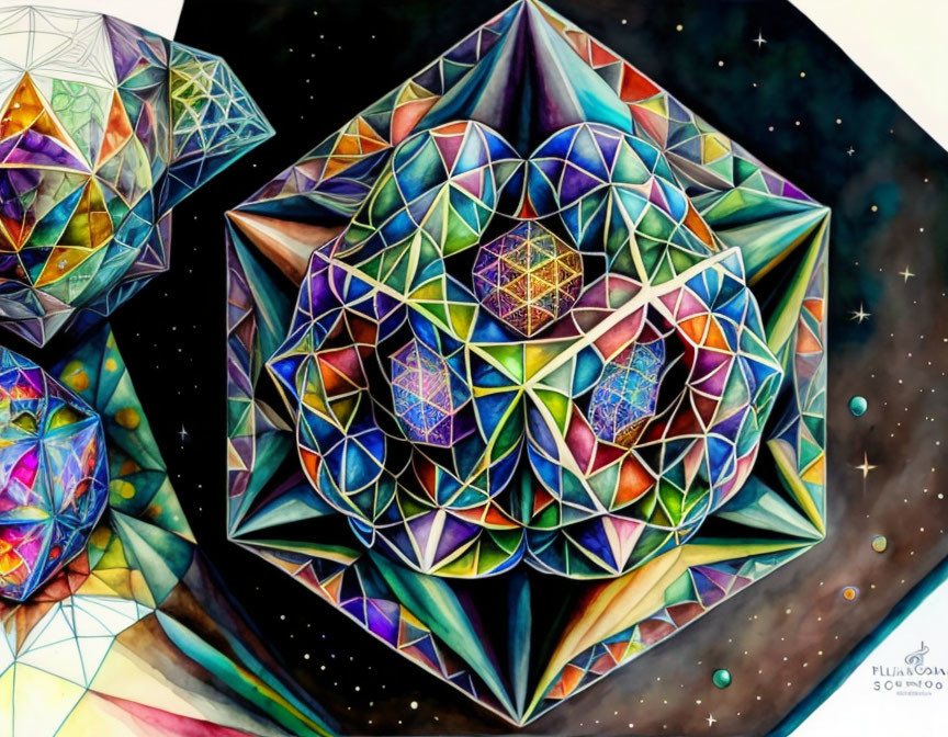 Colorful Geometric Painting with Cosmic Background and Dodecahedron