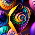 Colorful fractal shells on dark background: Surreal spiral pattern