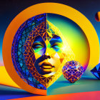 Vibrant digital artwork: stylized female face with mandala patterns in surreal moonlit landscape