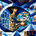 Surreal digital artwork featuring woman with geometric patterns holding dodecahedron