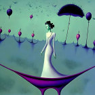 Surreal painting of woman merging with purple landscape