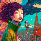 Colorful digital artwork: Woman with curly hair in surreal cityscape.