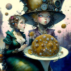 Two women in steampunk attire with golden fruit and floating gears.