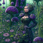 Illustration: Person in ornate suit among oversized purple flowers