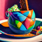 Colorful surreal image: Melted teacup with dripping paint and vibrant dessert plate