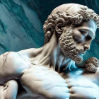 Detailed Sculpture of Muscular Man with Curly Hair on Marbled Blue Background