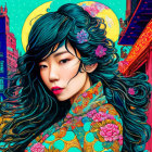 Colorful digital artwork: Woman with flowing hair in surreal geometric setting