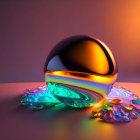 Reflective glass sphere on colorful gemstones with orange and purple lighting