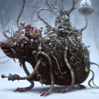 Steampunk rat with mechanical enhancements in misty forest