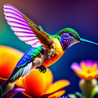 Colorful Metallic Hummingbird Sculpture Feeding on Flower