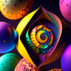 Colorful Fractal Spiral with Leaf-like Structure and 3D Spheres on Dark Background