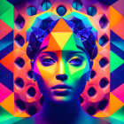 Symmetrical abstract digital artwork of colorful female face