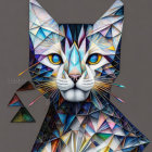 Colorful geometric cat art with blue eyes on gray background