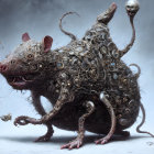 Surreal rodent-like creature with mechanical parts in misty forest