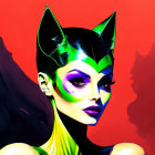 Woman with Striking Makeup in Futuristic Catwoman-like Mask on Red Background