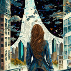 Curly-haired woman gazes at cityscape through star-shaped portal amid cosmic scene.