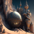 Ornate metallic egg structure in snowy landscape with spires and cliffs