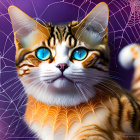 Vivid Blue-Eyed Cat Artwork with Intricate Stripes on Purple Background