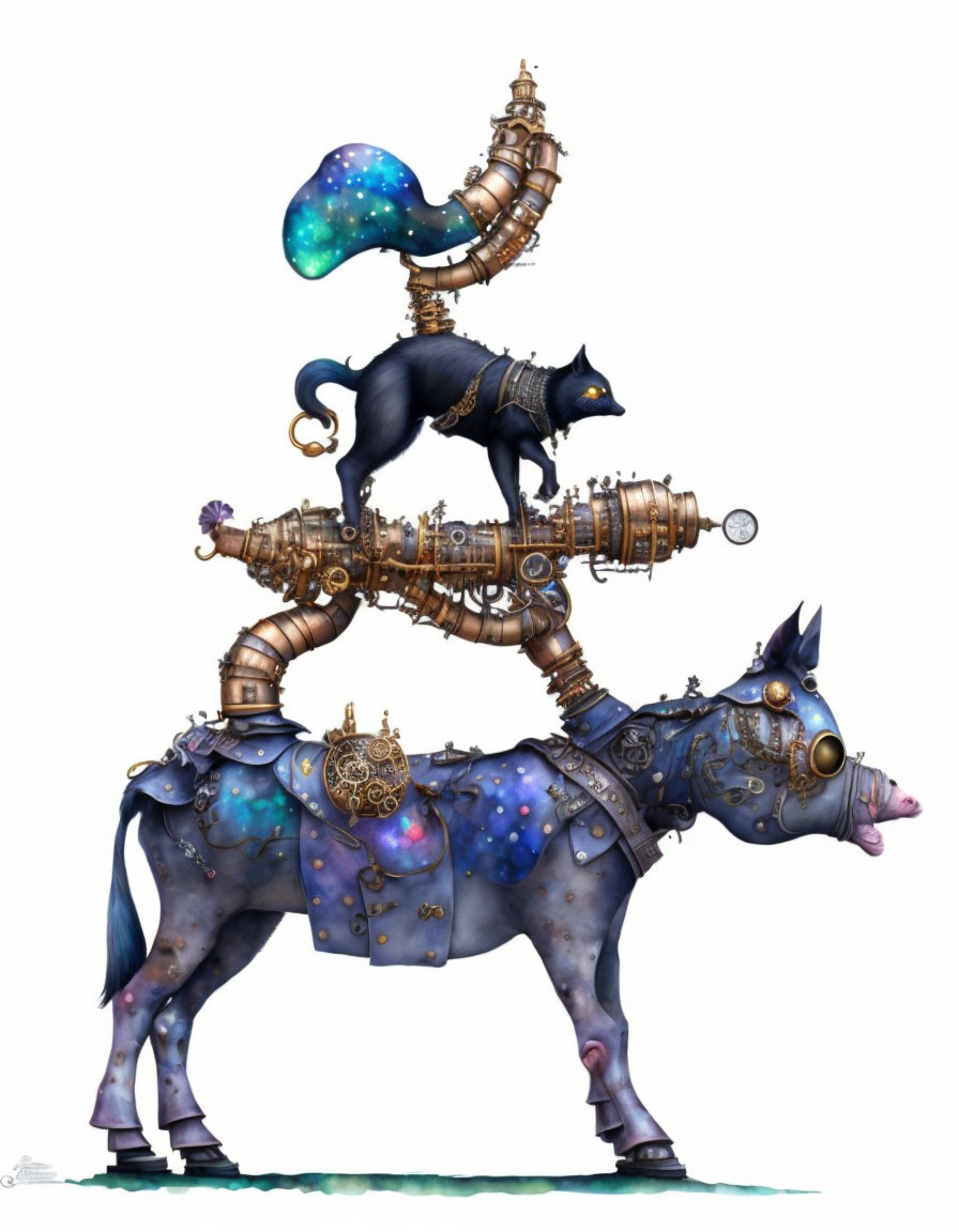 Steampunk-inspired fantasy art with cat, dog, and horse in surreal scene