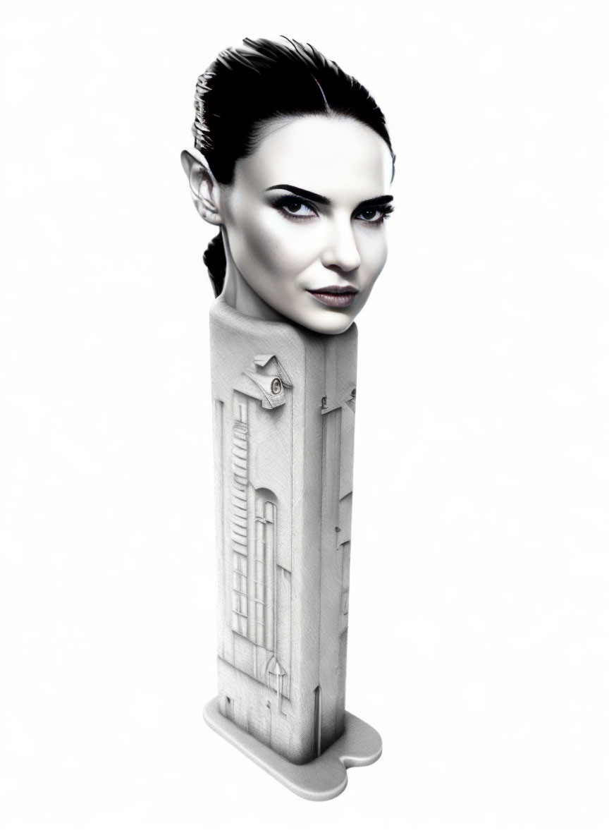 Monochrome surreal image: woman's face merging with architectural column