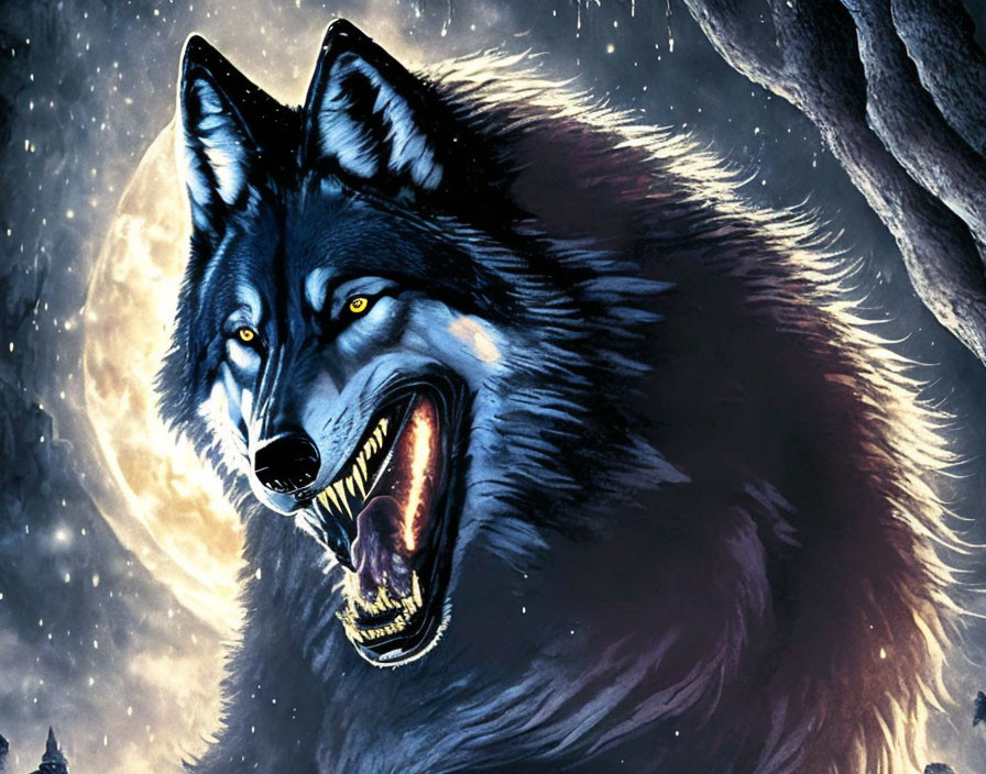 Illustrated black wolf with yellow eyes in aggressive stance on snowy backdrop.