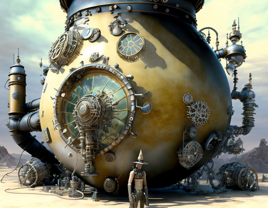 Steampunk desert scene with spherical structure and towering spires