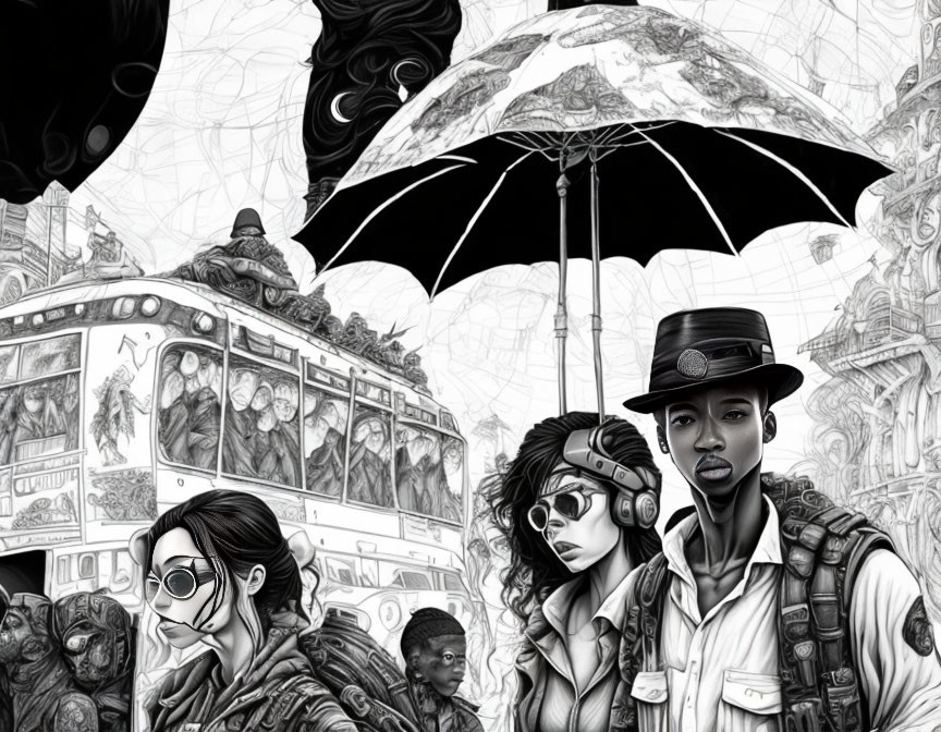 Diverse individuals in urban scene with tram and umbrella hat person