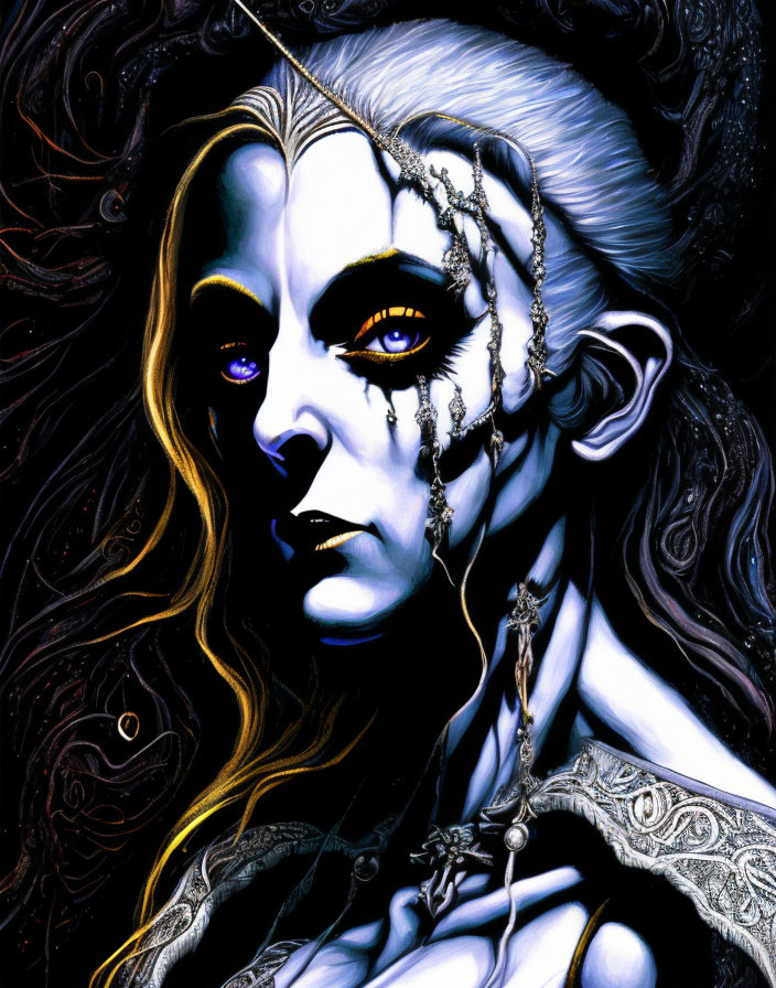 Character with Pale Skin and Yellow Eyes in Ornate Jewelry on Black Background