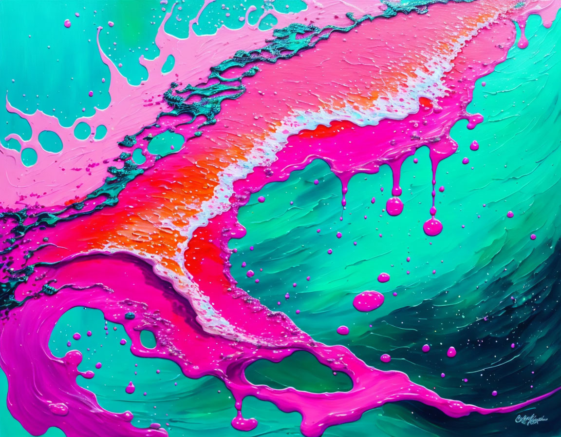 Colorful Abstract Painting with Pink, Orange, and Turquoise Swirls