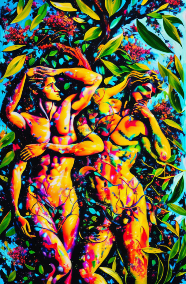 Colorful Abstract Painting: Entwined Figures in Lush Foliage