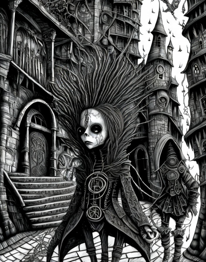 Monochrome gothic illustration with skull-faced figure in intricate setting