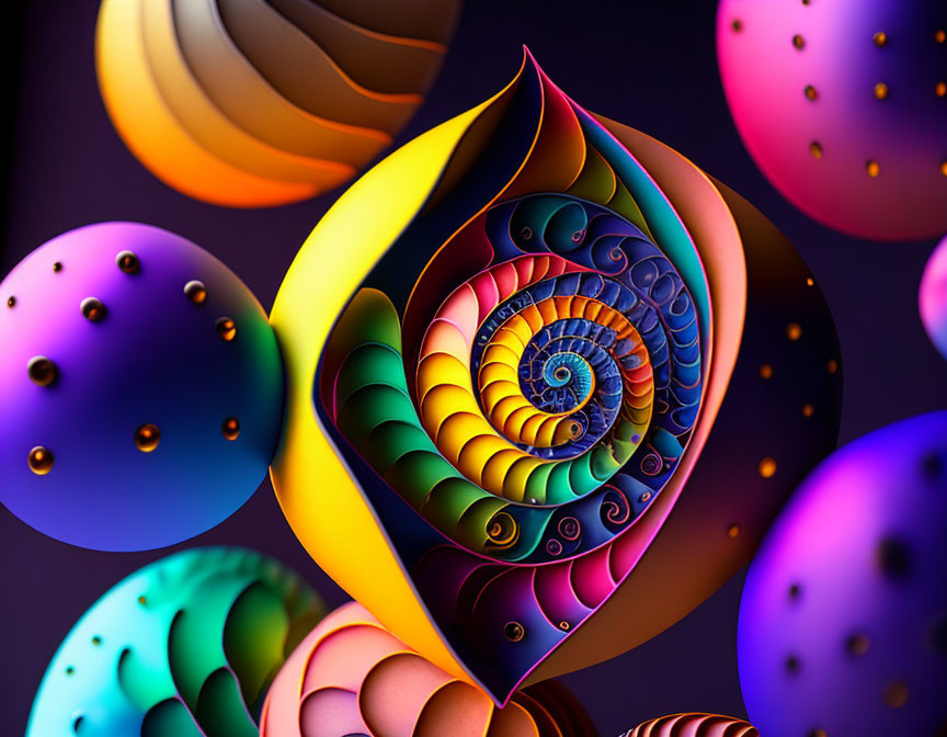 Colorful Fractal Spiral with Leaf-like Structure and 3D Spheres on Dark Background