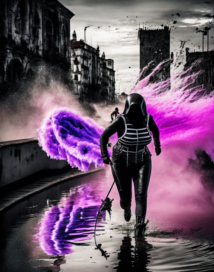 Person in black wetsuit with surfboard in shallow water, purple smoke reflection