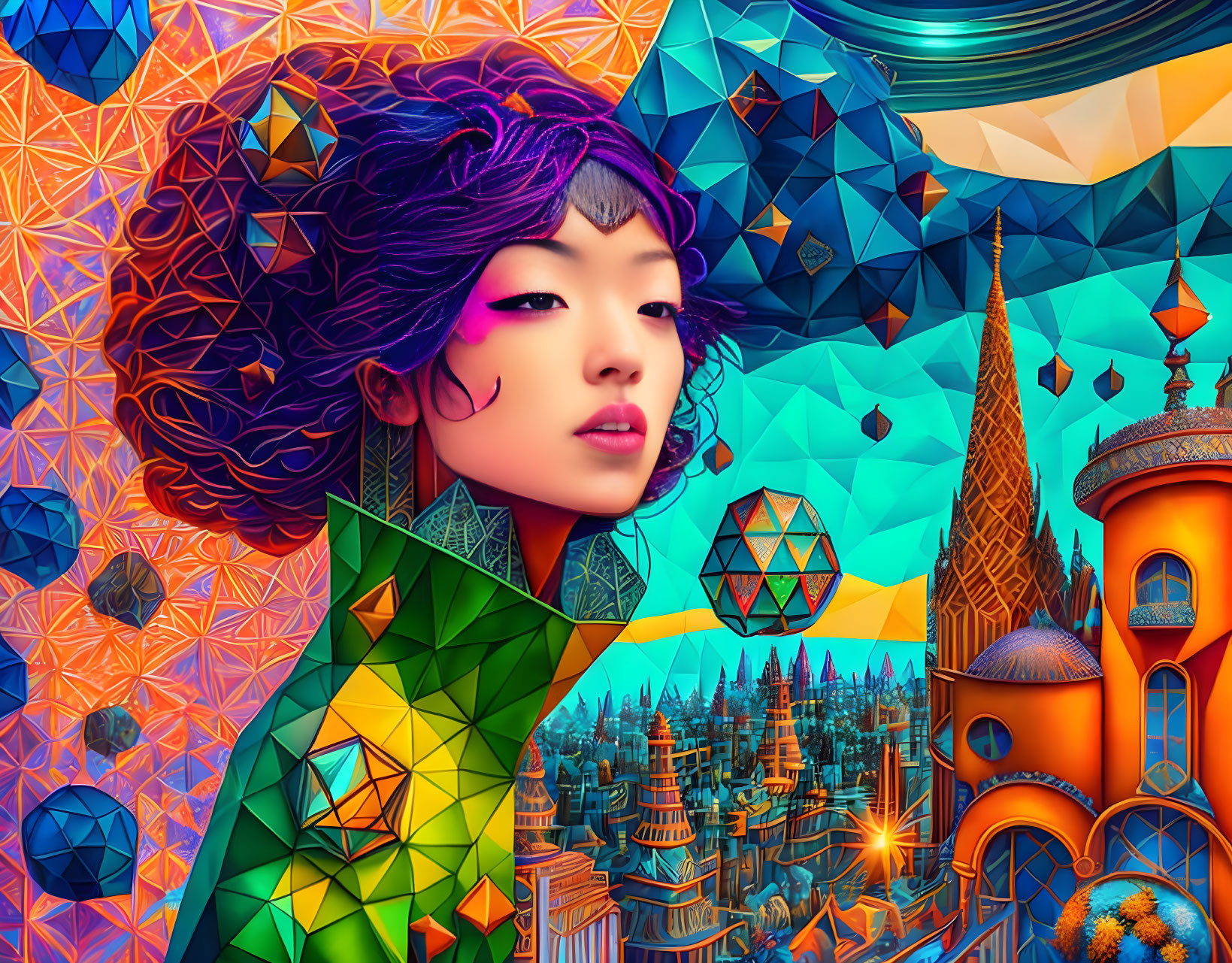 Colorful digital art: Woman with purple hair in fantastical landscape