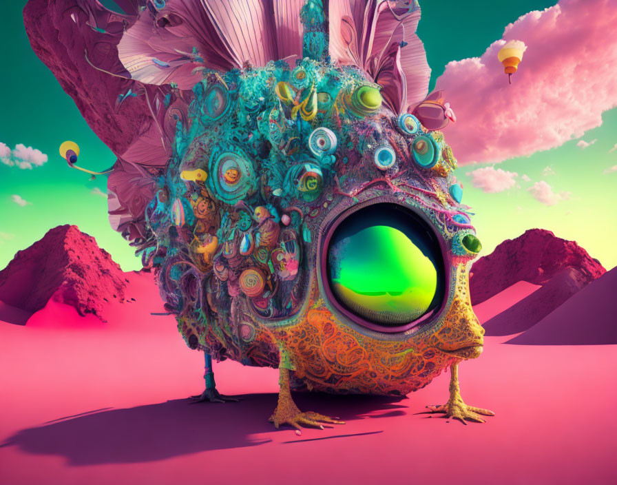 Vibrant surreal creature with large eye in pink sky scenery