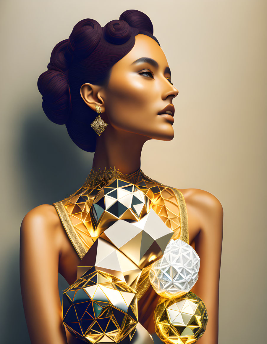 Elegant woman with gold jewelry in digital artwork