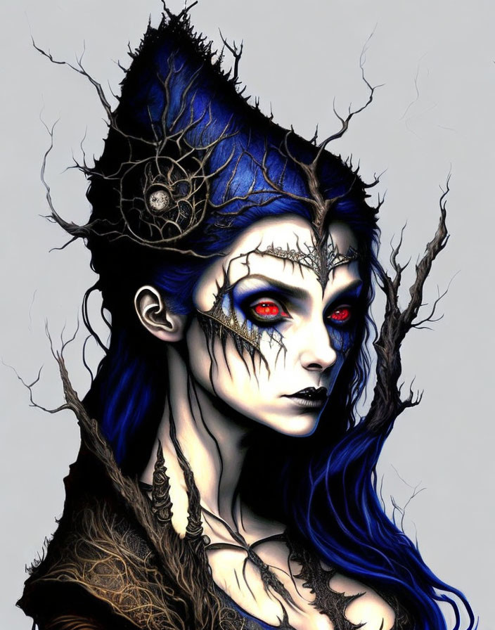 Fantasy makeup with blue skin, tree branch crown, and spider eye decoration